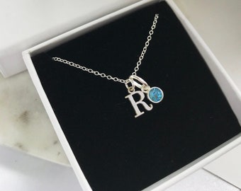 Sterling Silver Initial Necklace – Aquamarine March Birthstone