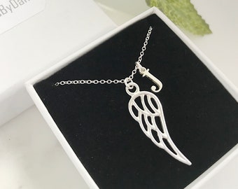 Sterling Silver Angel Wing Necklace - Personalized Initial Charm