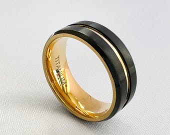 Black Titanium Wedding Ring - Brushed Gold Stripe, 8mm Band