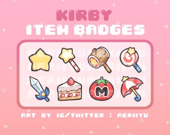 May include: A set of eight pixel art badges featuring items from the Kirby video game series. The badges are in a grid format and include a star, a magic wand, a hammer, a lollipop, a sword, a slice of cake, a tomato with an M on it, and an umbrella.