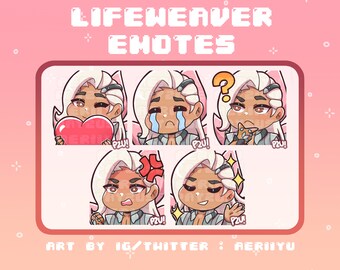 May include: A set of six digital character emotes featuring a white-haired character with different expressions, including heart eyes, crying, confused, angry, and smiling. The emotes are labelled "P2U!" and the text "LIFEWEAVER EMOTES" is at the top of the image. The text "ART BY IG/TWITTER: AERIIYU" is at the bottom of the image.