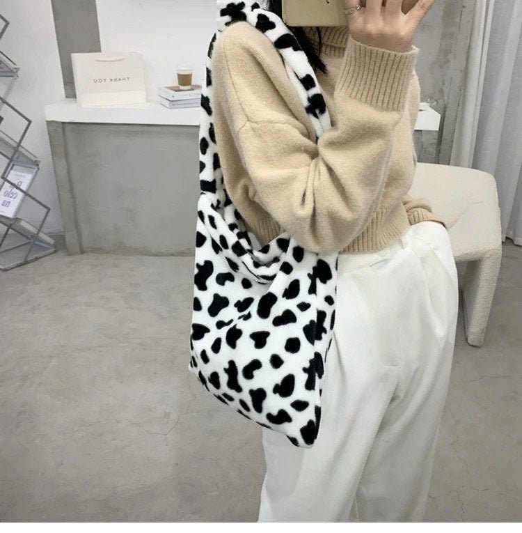 fluffy cow print tote bag
