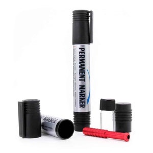 May include: A black permanent marker with a silver label that reads "PERMANENT MARKER" and "Quick-drying. Durable. Sunlight-resistant, Water-resisting". The marker is next to a red metal pipe, a clear glass bottle with a black lid, and two black caps.