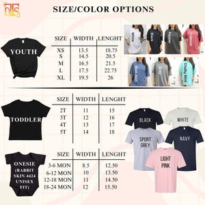 May include: A size and color chart for youth, toddler, and infant apparel. The image displays three tables with width and length measurements in inches for various sizes, alongside images of t-shirts and onesies in white, black, pepper, crimson, blue jean, gray, chalky mint, sport grey, navy, and light pink.