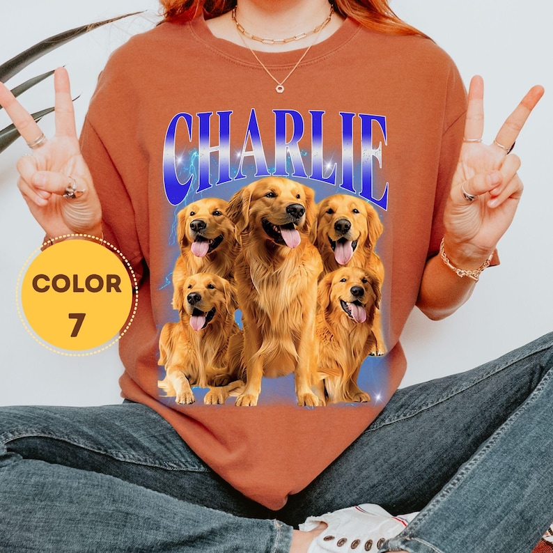 Retro-style memorial or tribute shirt for pets featuring a vibrant collage and old-school lightning effects in the background.
