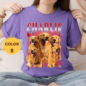 Front view of a model wearing a blue jean oversized t-shirt with a custom personalized pet graphic in 90s retro style.