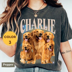 Pet Lover Focus: Personalized pet photo shirt with a retro graphic design showcasing multiple poses of a golden dog in a nostalgic aesthetic.