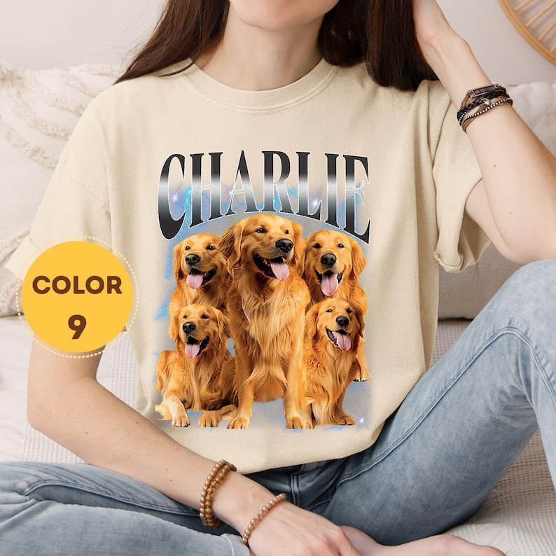 Close-up of a high-quality DTG print on a Comfort Colors pepper shirt showing a custom "Charlie" dog bootleg design.