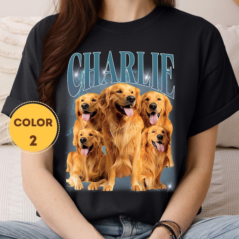 Dark wash vintage-look t-shirt featuring a custom golden dog collage with nostalgic grainy textures and retro fonts.