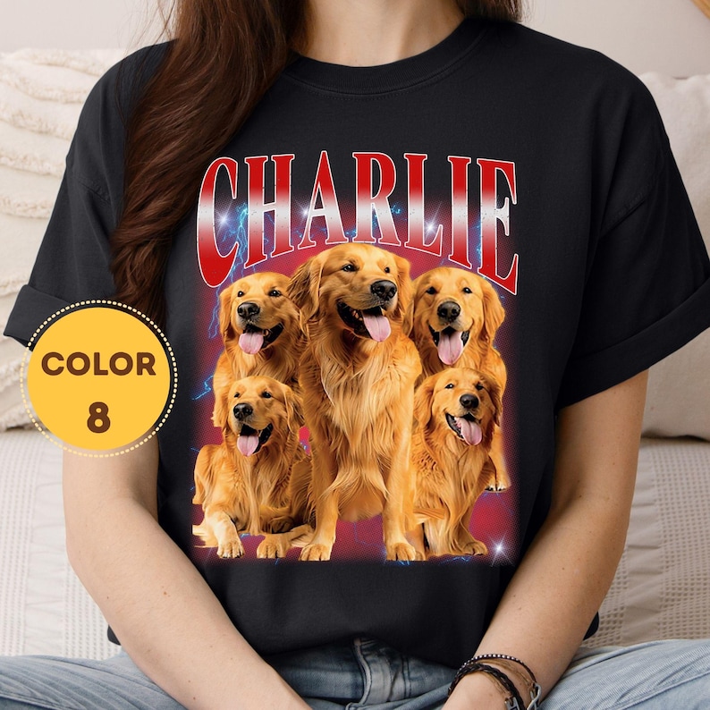 Unique custom pet owner gift idea featuring a personalized 90s vintage style bootleg t-shirt for dog moms and dads.