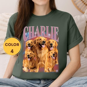 Vintage 90s streetwear inspired custom pet shirt with bold orange typography and high-quality graphic print of a Golden Retriever.