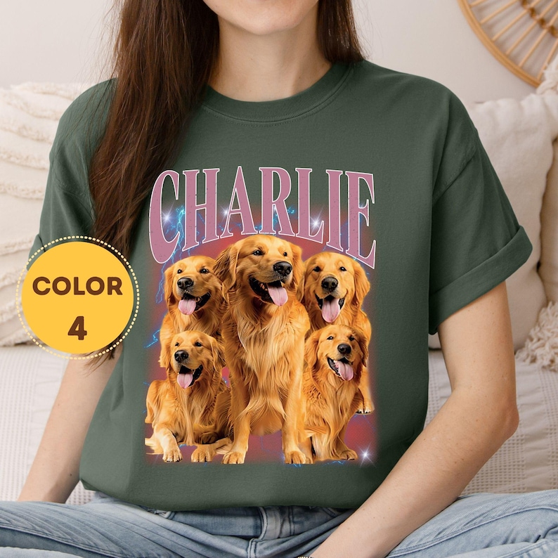 Vintage 90s streetwear inspired custom pet shirt with bold orange typography and high-quality graphic print of a Golden Retriever.