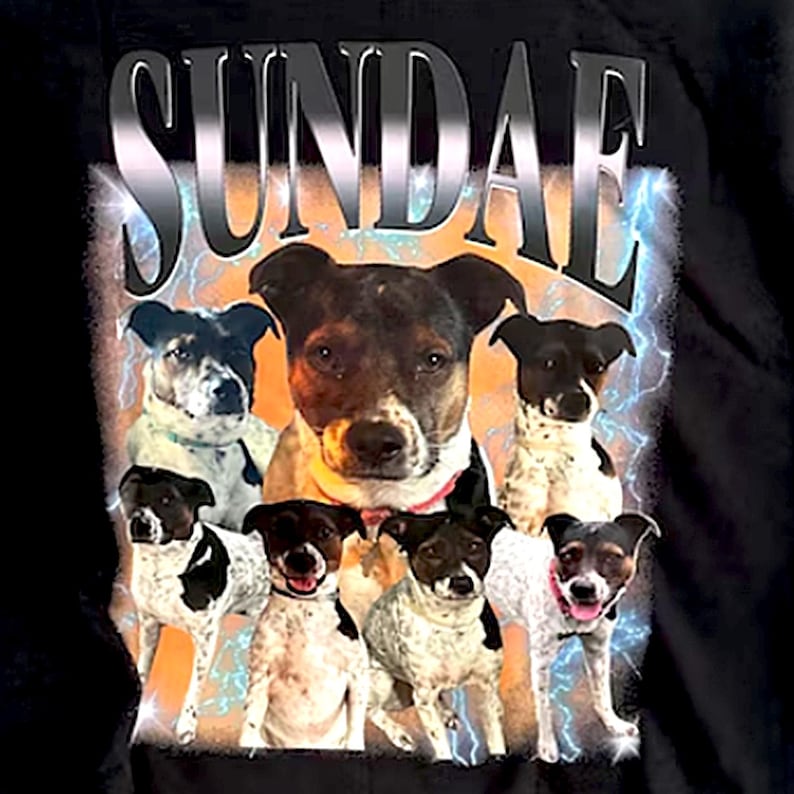 May include: A black t-shirt featuring a graphic print of seven dogs with spotted coats arranged around a central larger dog. The word SUNDAE is printed in large silver letters at the top, with a background of orange and blue lightning effects.