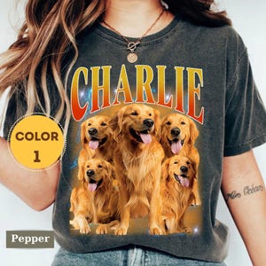 Personalized dog shirt with custom name, 90s vintage bootleg rap tee graphic, and high-quality pet portrait collage.