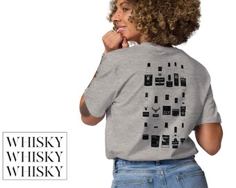May include: A gray t-shirt with a graphic of various whisky bottles printed on the back. The text "WHISKY WHISKY WHISKY" is printed on the front of the shirt.