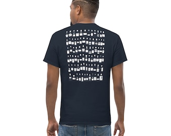 May include: A navy blue t-shirt with a white graphic print of a variety of bottles. The graphic print covers the entire back of the shirt.