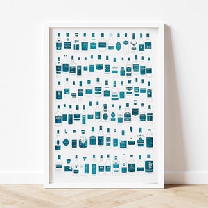 May include: A white framed poster featuring a blue and white illustration of various alcohol bottles. The bottles are arranged in rows and columns, each with a unique label. This poster is a fun and stylish way to add personality to any room.