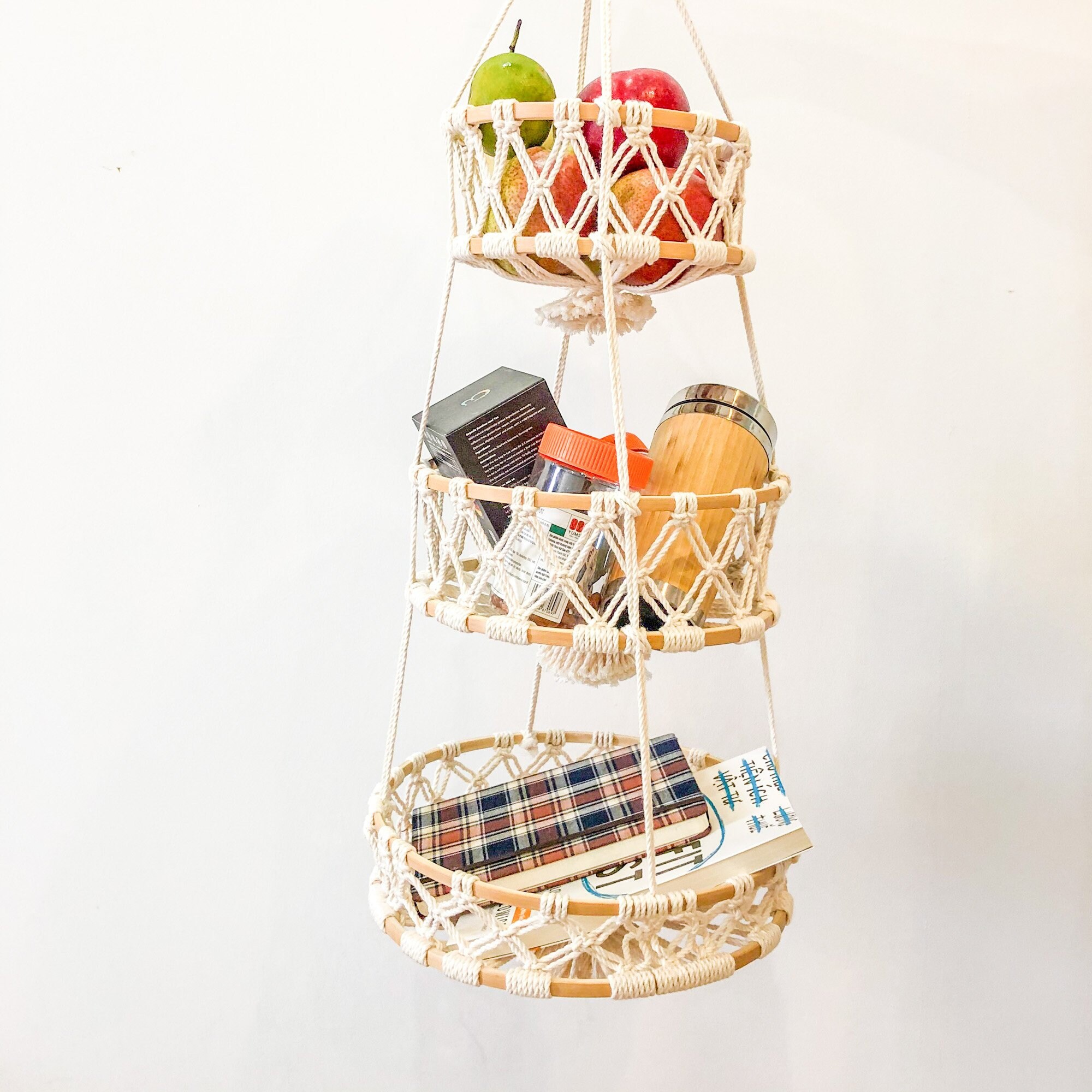 macrame hanging toy basket