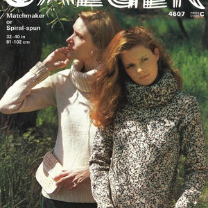 May include: Two women wearing turtleneck sweaters. One sweater is white and the other is black and white with a speckled pattern. The women are standing in a grassy area. The text "JAEGER" is at the top of the image. The text "Matchmaker or Spiral-spun 32-40 in 81-102 cm" is at the bottom left of the image. The text "4607 PRICE CODE C" is at the top right of the image.