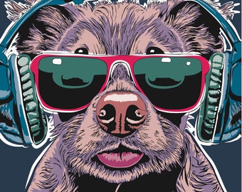 Dog With Headphones Illustration Print