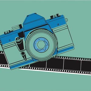 May include: A blue and black vintage camera with a film roll underneath. The camera has a lens with a blue and white aperture.
