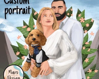 Portrait de couple avec animaux de compagnie, portrait de famille personnalisé avec animaux de compagnie, illustration de couple, portrait de propriétaire et d'animal de compagnie