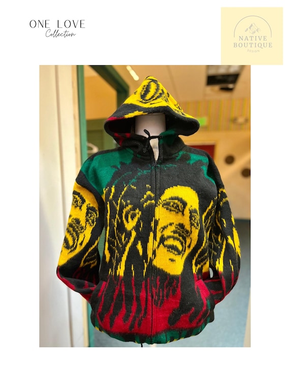 Bob Marley Fuzzy Zip-up Hoodie | Rasta Colors, Oversized Acrylic