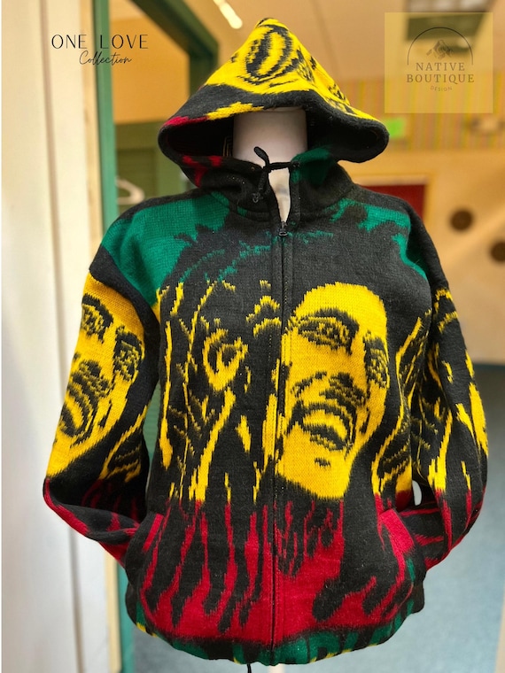 Bob Marley Fuzzy Zip-up Hoodie | Rasta Colors, Oversized Acrylic