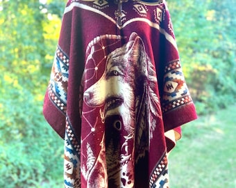 Dreaming Wolf Native Poncho | Handmade | unique Clothing | Christmas gift idea| Burgundy
