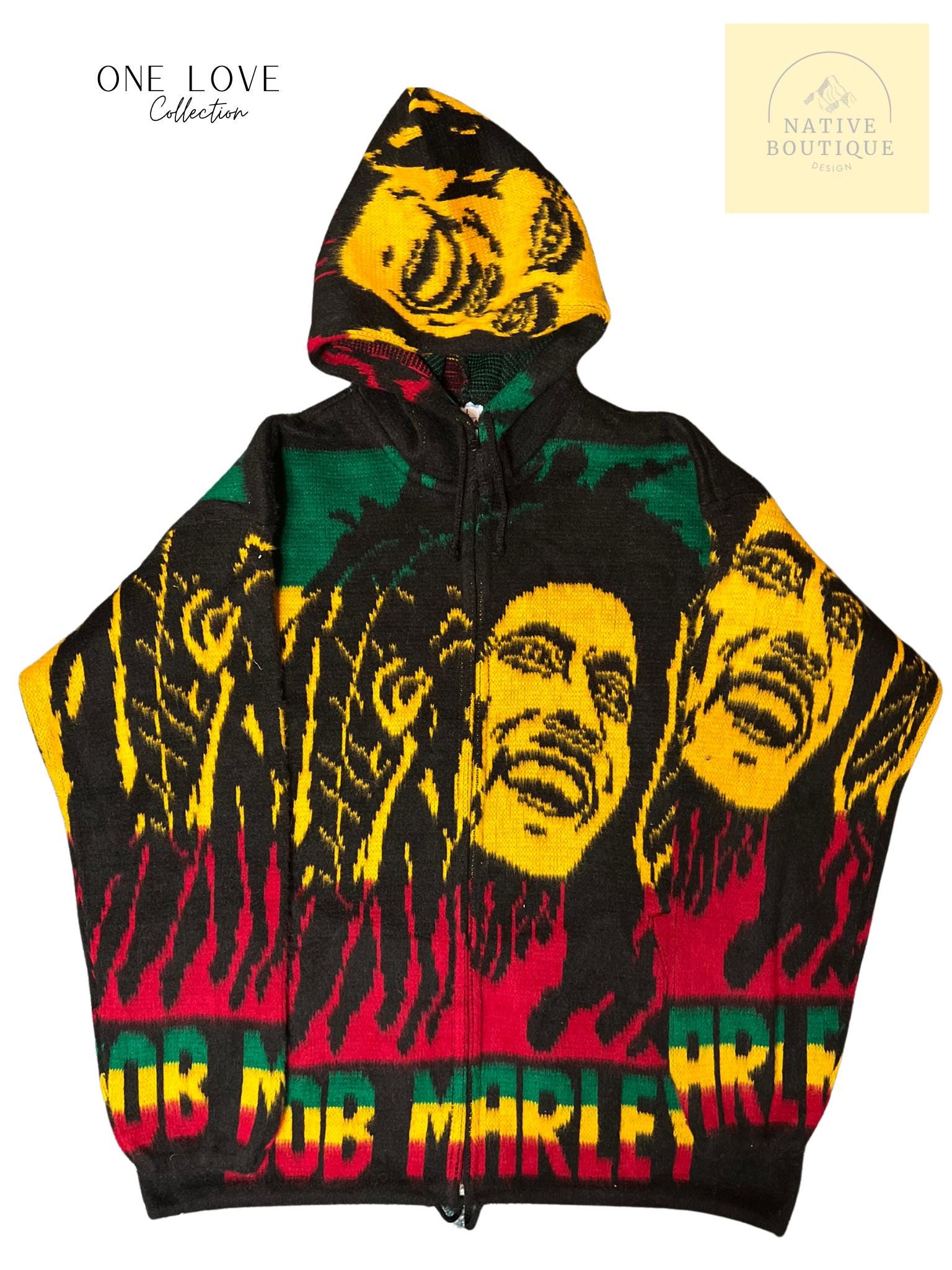 Bob Marley Fuzzy Zip-up Hoodie | Rasta Colors, Oversized Acrylic