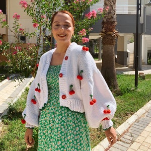Red and White Cherry Cardigan,Crop Cardigan, Chunky Oversized Sweater, Cherry Sweater, Handmade Oversize Sweater, Christmas Day Gift
