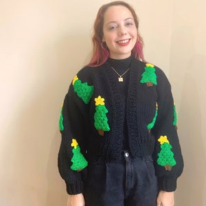 Christmas Tree Cardigan,New Year Gift Idea, Black Oversized Sweater, Knitted Cardigan, Lunaarknt, Gift for Woman