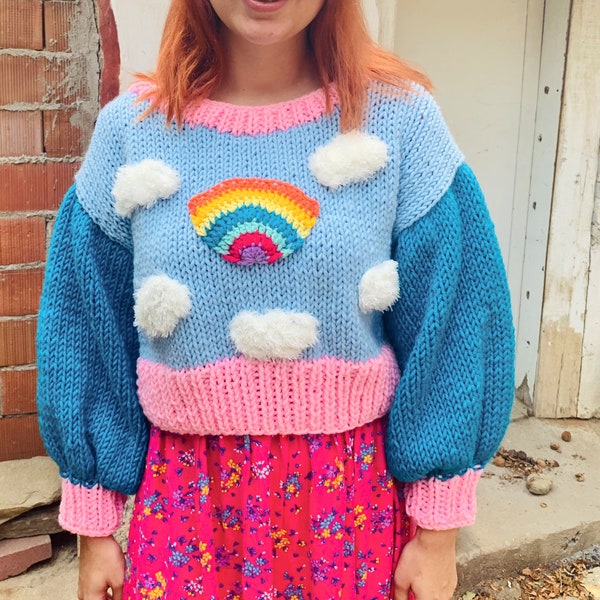 Chunky Cloud Sweater, Crop Knitted Sweater, Kawaii Clothes for woman, Oversized Rainbow Sweater, Pink and Blue Handmade Sweater, Christmas