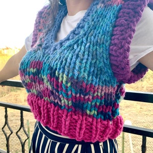Knitted Handmade Vest, Super Chunky Luxury, Colorful Kawaii Clothes, Cropped Vest, Crop Sweater, Handmade Sweater for Woman,Christmas Day