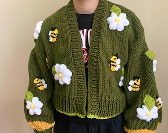 Green Knit Crop Cardigan, Chunky Bee Flower Sweater