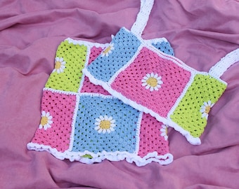Crochet Daisy Top and Skirt Set, Handmade Cotton Boho Outfit