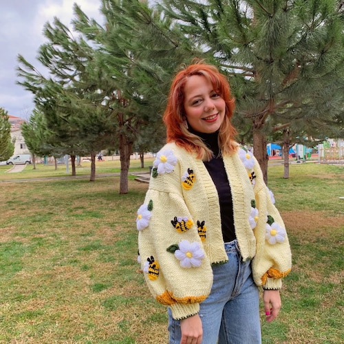 Hand Knit Crop Cardigan: Chunky Bee & Daisy Sweater - Etsy