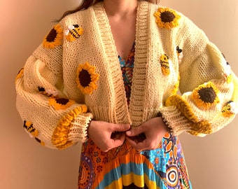 Chunky Knit Crop Cardigan: Sunflower and Bee Sweater