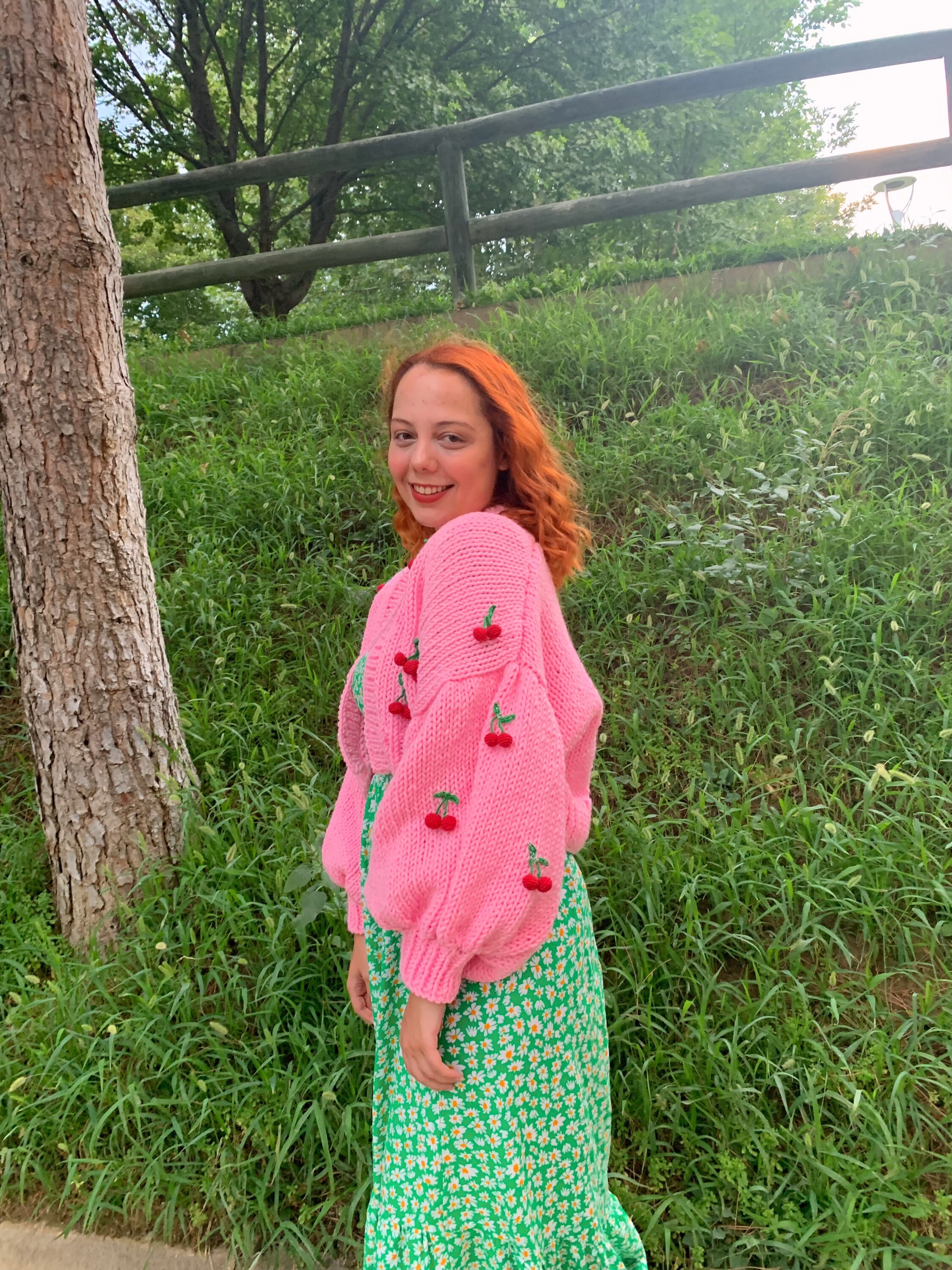 Pink Cherry Cardigan, Knit Crop Cardigan, Chunky Oversized