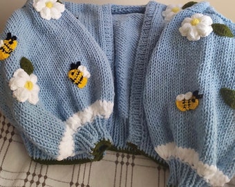 Crop Bee Knit Cardigan, Blue Big Daisy Sweater,c Hunky