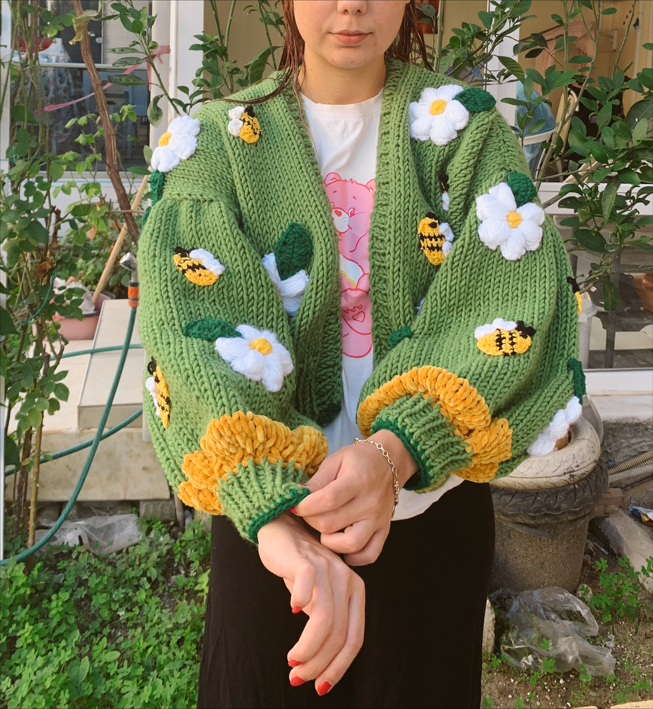 Green Knit Crop Cardigan, Oversized Bee Flower Sweater - Etsy