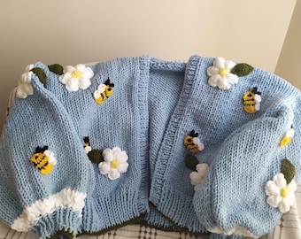 Crop bee knit cardigan, Blue Big Daisy Sweater,C hunky Sweater, Big Flowers Jacket, Knit Bloom cardigan, Crop Jacket,Christmas day Gift
