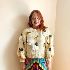 Crop bee knit cardigan, Big Colorful Bee Sweater,Chunky Sweater, Cottagecore, Knit Bee cardigan, Kawaii Sweater,Christmas Gift, Lunaaryaknt