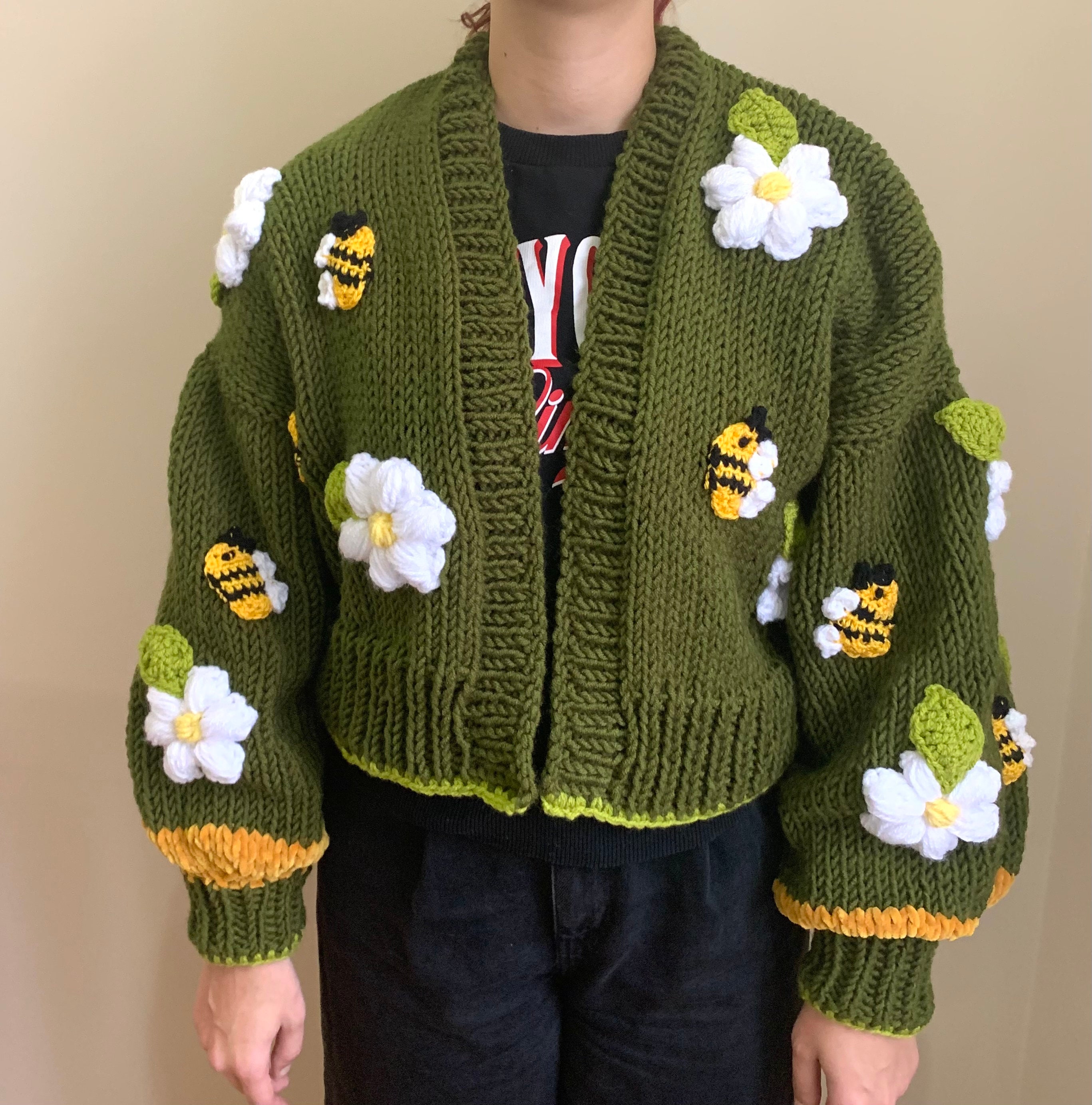 Green Knit Crop Cardigan, Chunky Bee Flower Sweater - Etsy