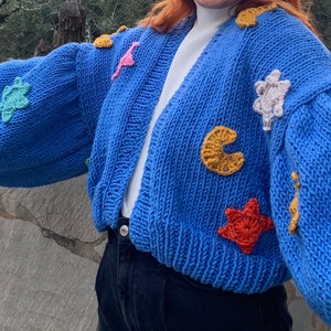 Blue Moon and Star Cardigan, Chunky Knit Sweater, Hand Knitted Sweater, Balloon Sleeve Sweater, Blue Color Chunky Cardigan Christmas Day