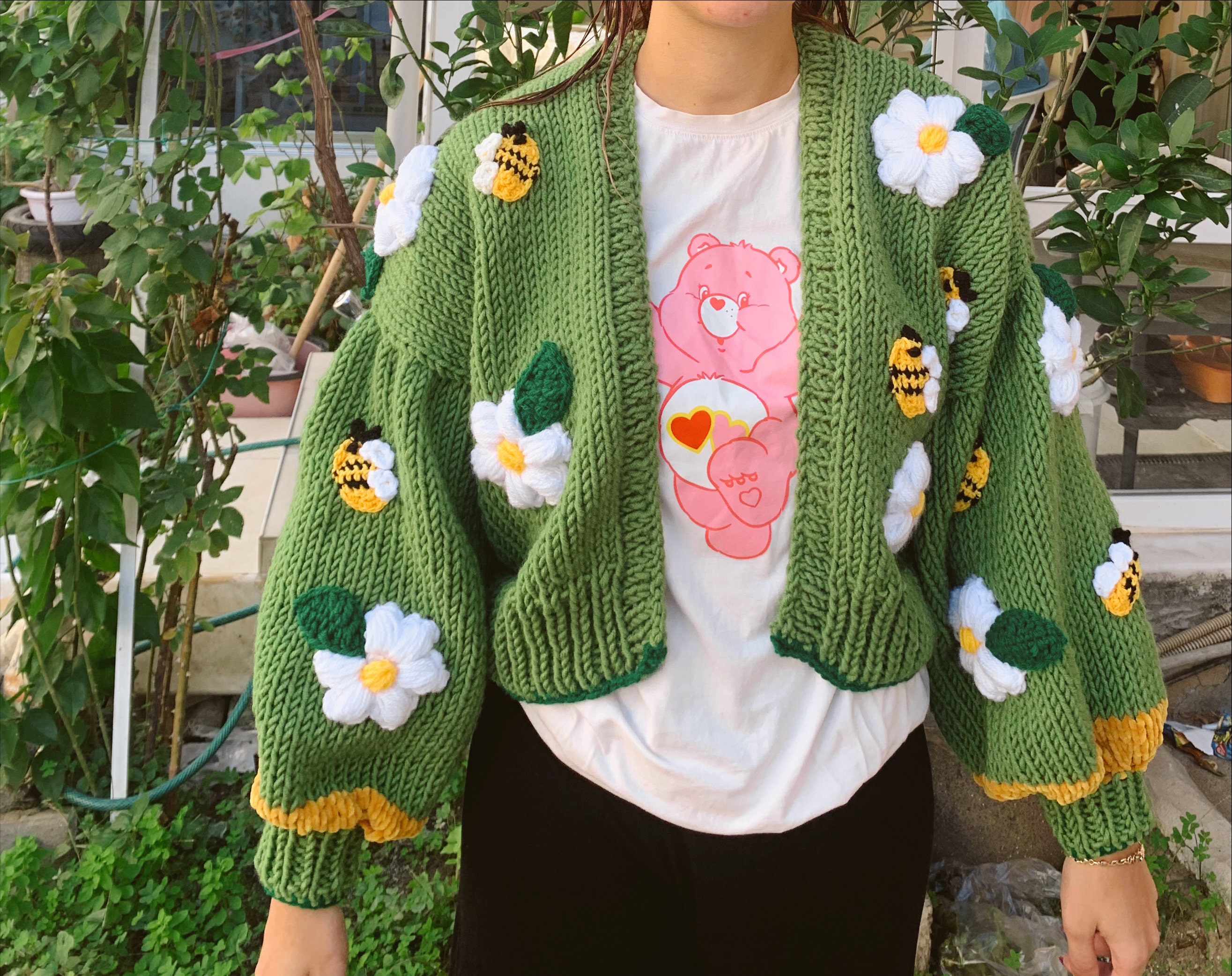 Green Knit Crop Cardigan, Oversized Bee Flower Sweater - Etsy