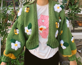 Green Crop Bee Cardigan, Oversized Sweater, Chunky Flower Cardigan