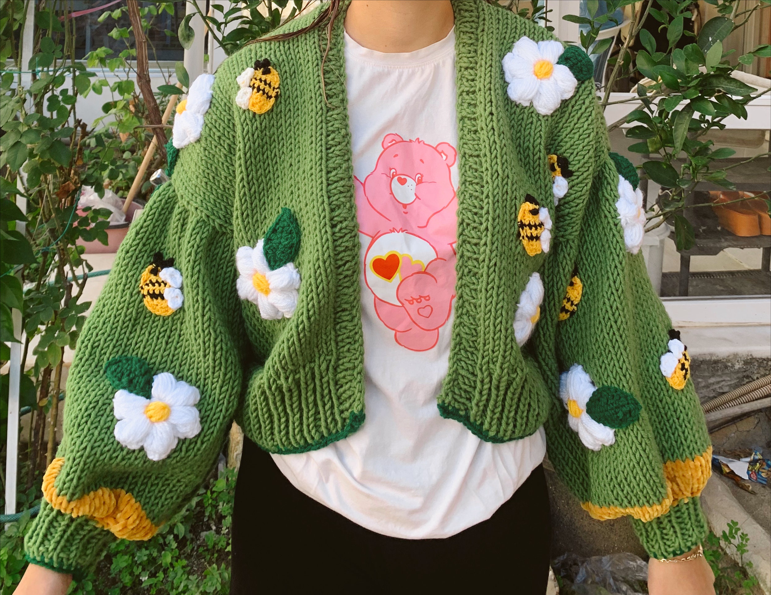 Green Crop Bee Cardigan Oversized Sweater Chunky Flower - Etsy