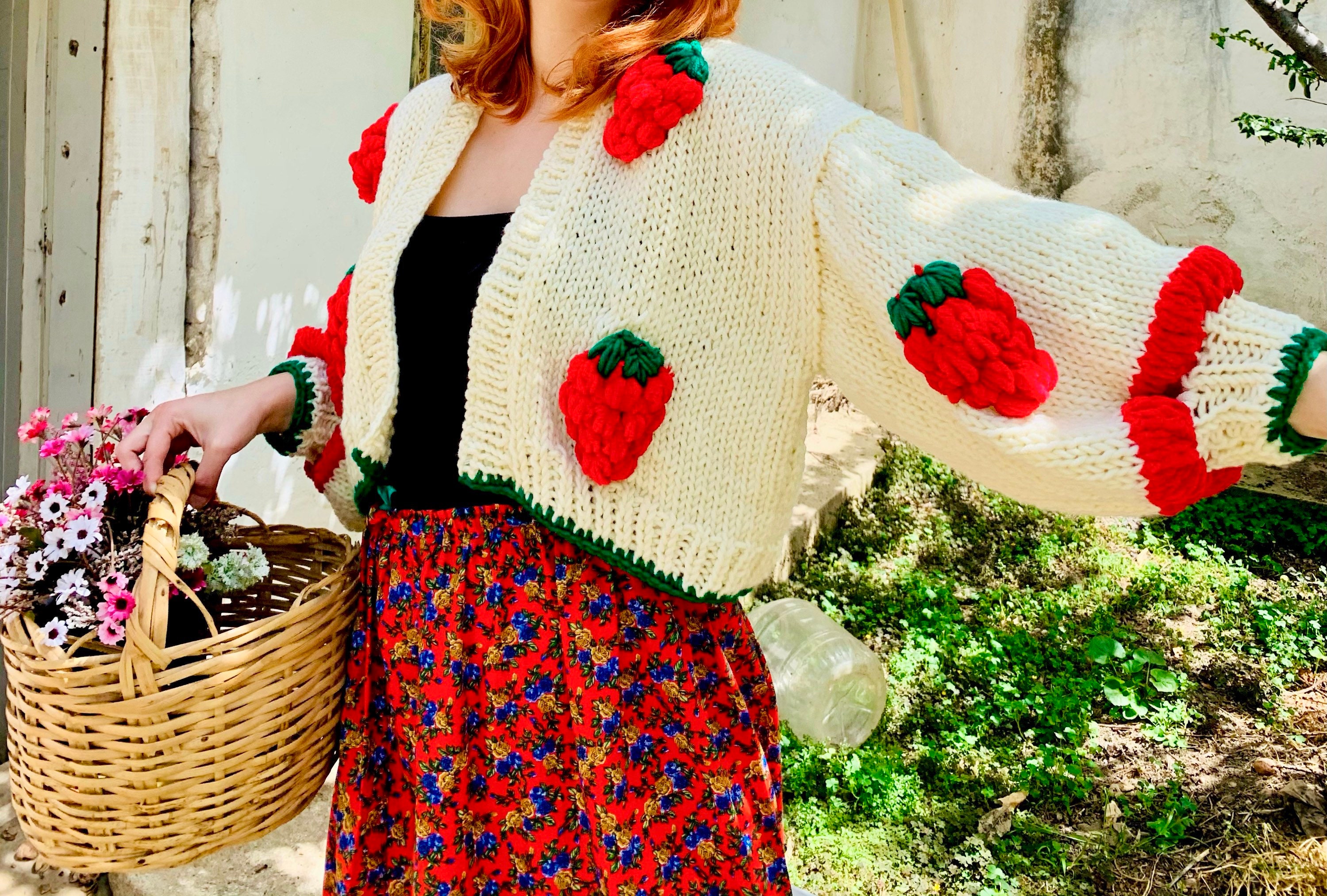 Strawberry Applique Cardigan - Cream