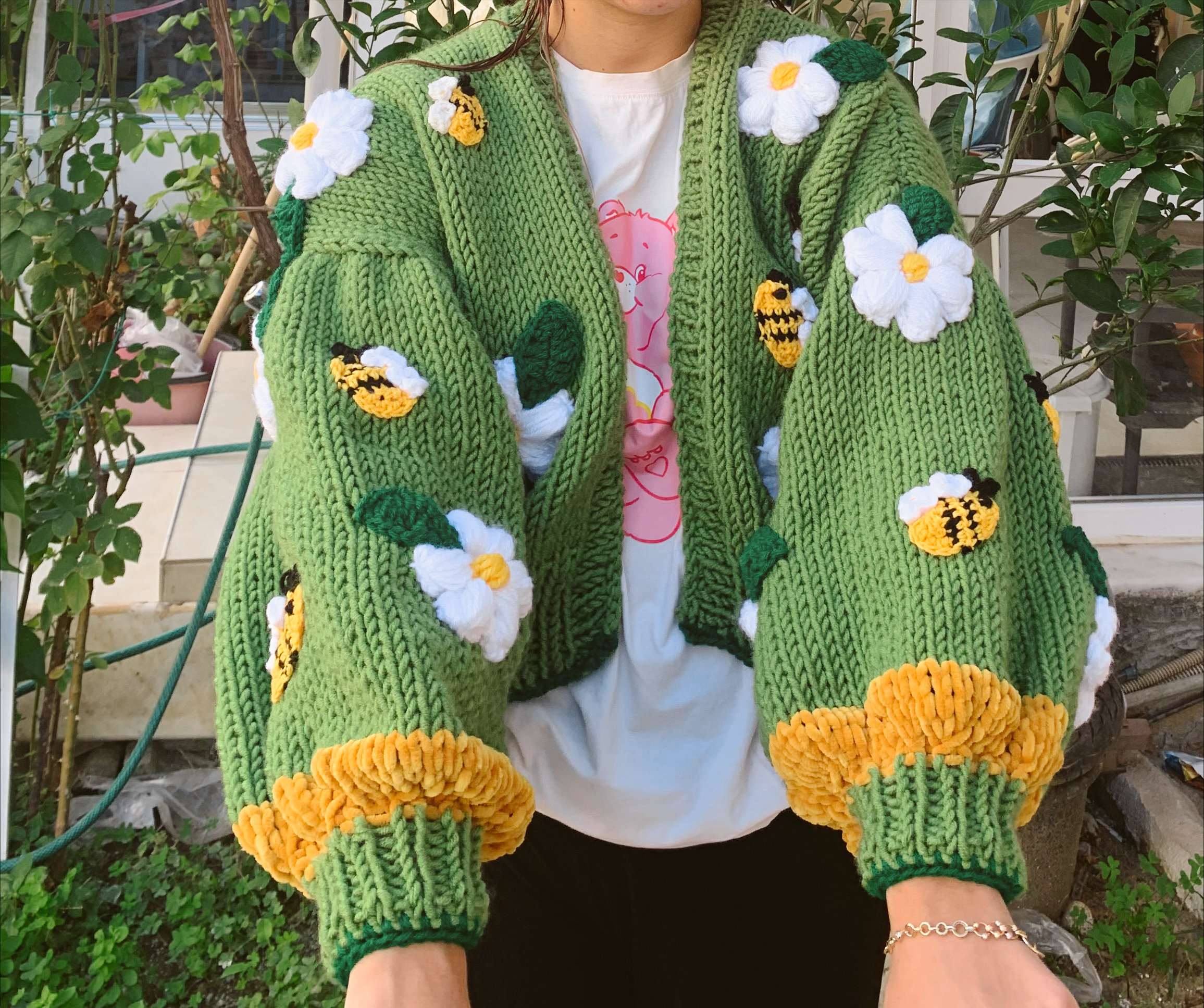 Green Knit Crop Cardigan, Oversized Bee Flower Sweater - Etsy